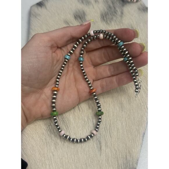 Southwest Jewelry - Native American Sterling Silver Pink Conch Turquoise Spiny Navajo Pearl Necklace